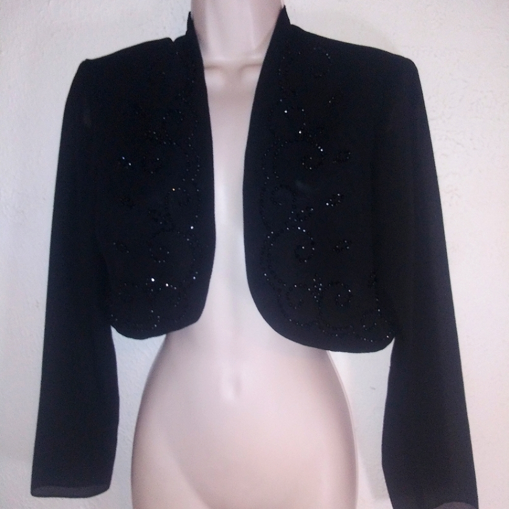 JR. Nites Petites Cropped Cardigan Jacket Sweater Rhinestone Beaded Black Sheer